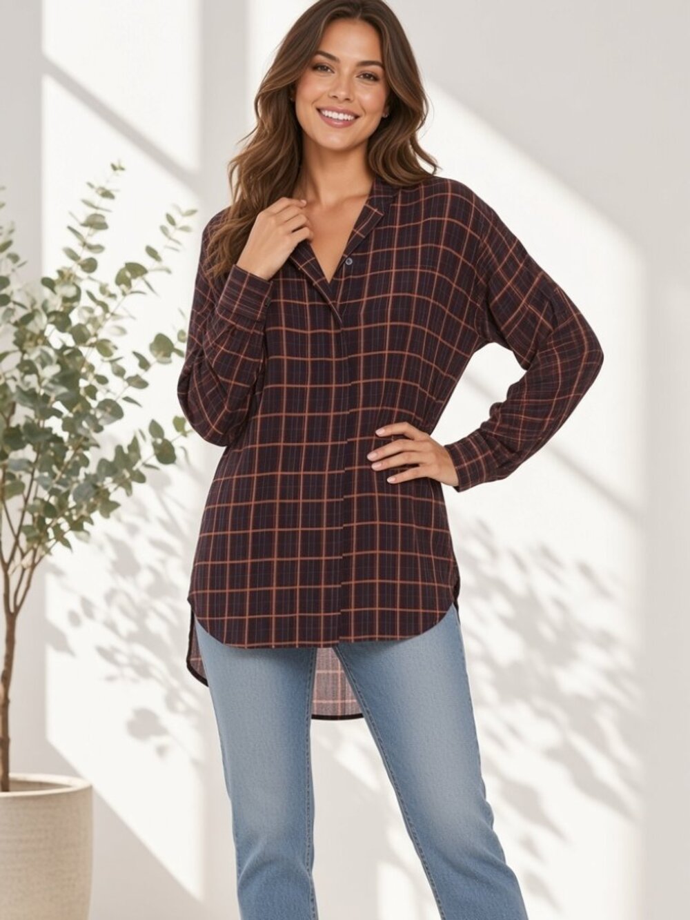 New THEORY Perfect Dolman Purple Multi 100% Silk York Plaid Shirt Bouse Top